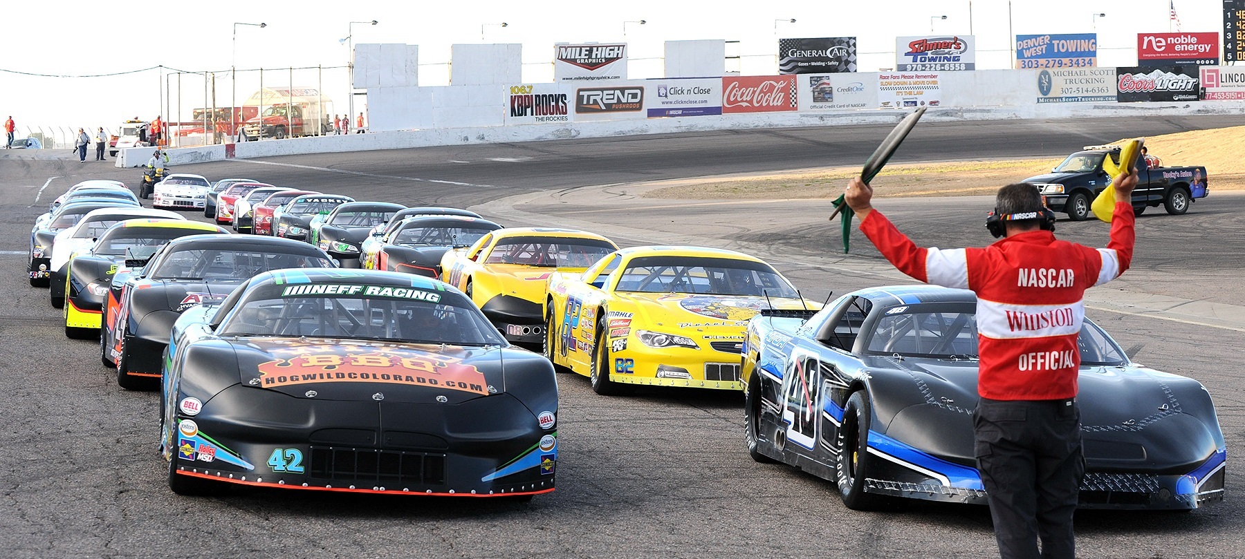 Cars lined up to race at Colorado National Speedway. (Starr photo)