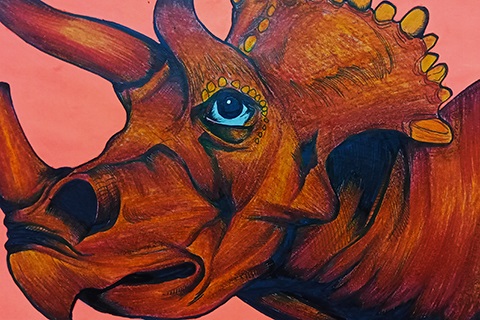 Skanda R's lifelike triceratops drawing. Close up of a face.