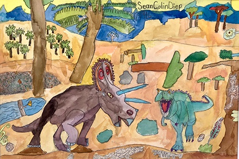 Sean Diep's Triceratops versus Carnotaurus watercolor